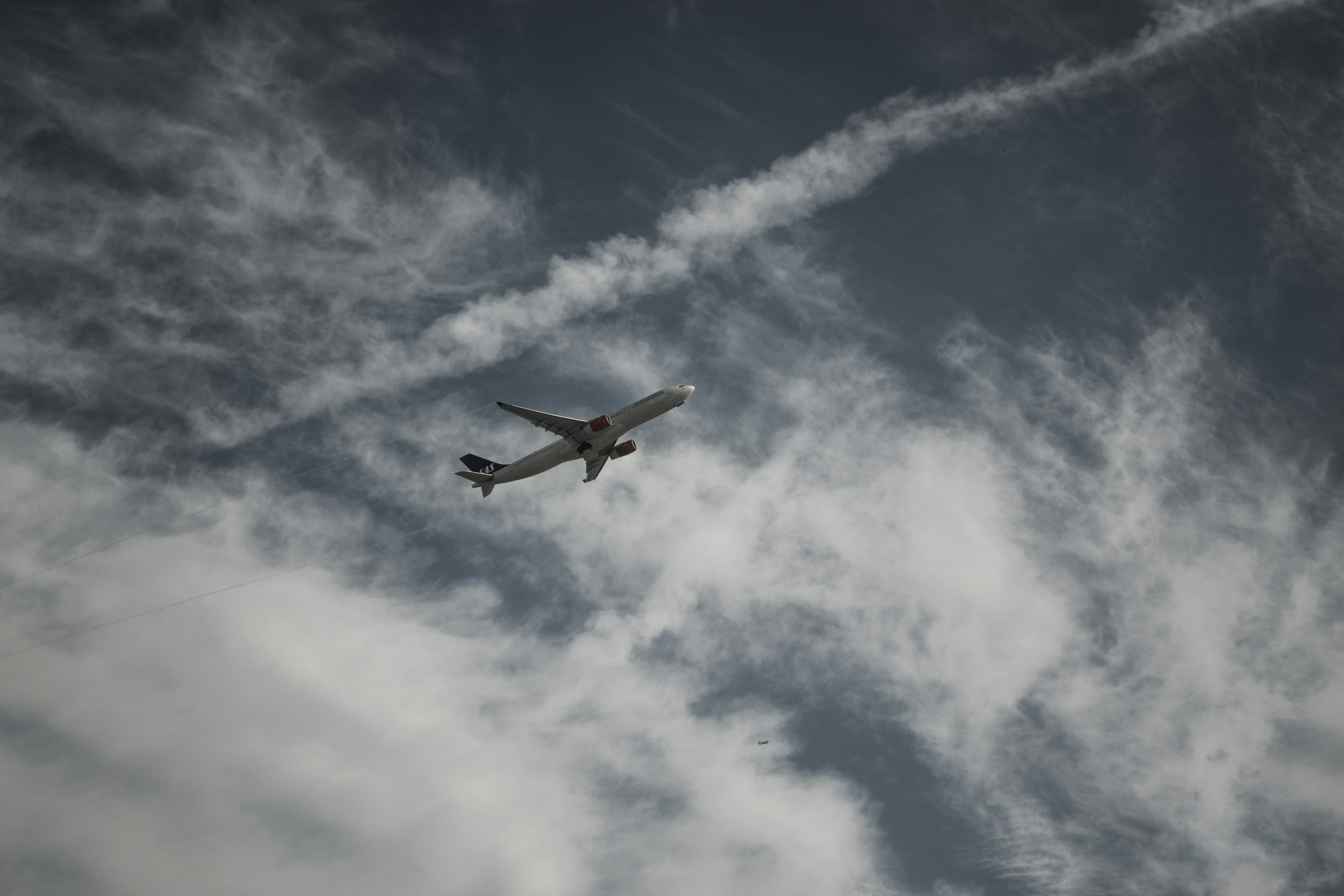 white airplane flying in the sky during daytime, Saw a plane go by from the beach of Playa Del Rey. 