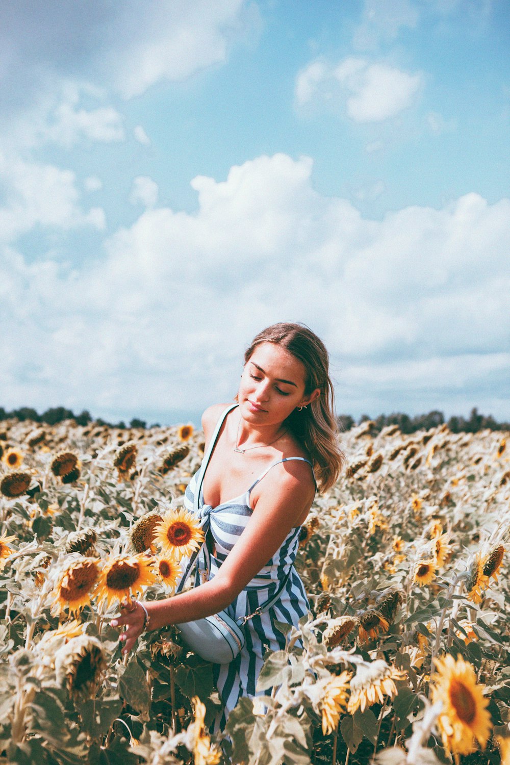 woman in white and blue floral spaghetti strap dress standing on brown flower field during daytime