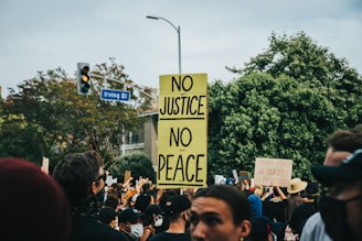 A large crowd of people gathered outdoors, holding signs related to a protest or demonstration. One prominent sign reads 'NO JUSTICE NO PEACE'. The background includes trees and a street sign labeled 'Irving Bl'. Participants appear engaged and focused.