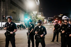 Group of disciplined police officers standing in formation during a training exercise