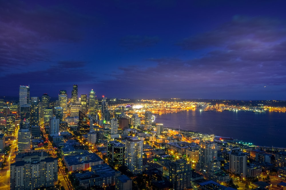 city skyline during night time