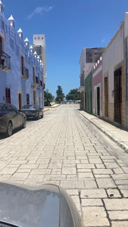 Cobblestone street lined with colorful colonial buildings and vibrant flower pots.