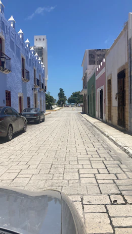 A charming colonial street with cobblestone pavement and pastel-colored buildings.