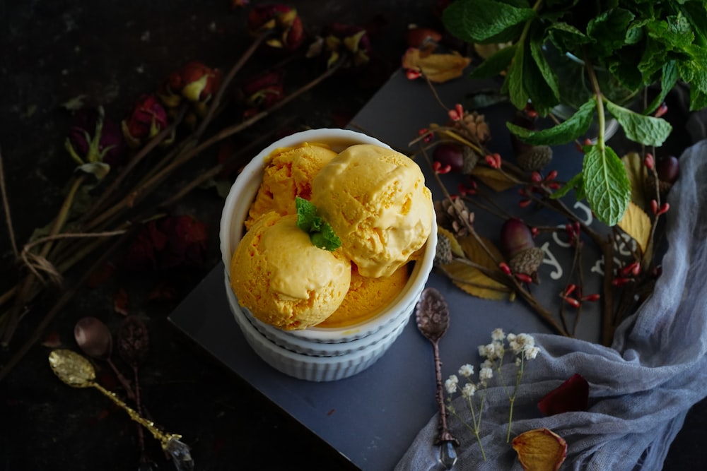 ice cream in white ceramic bowl