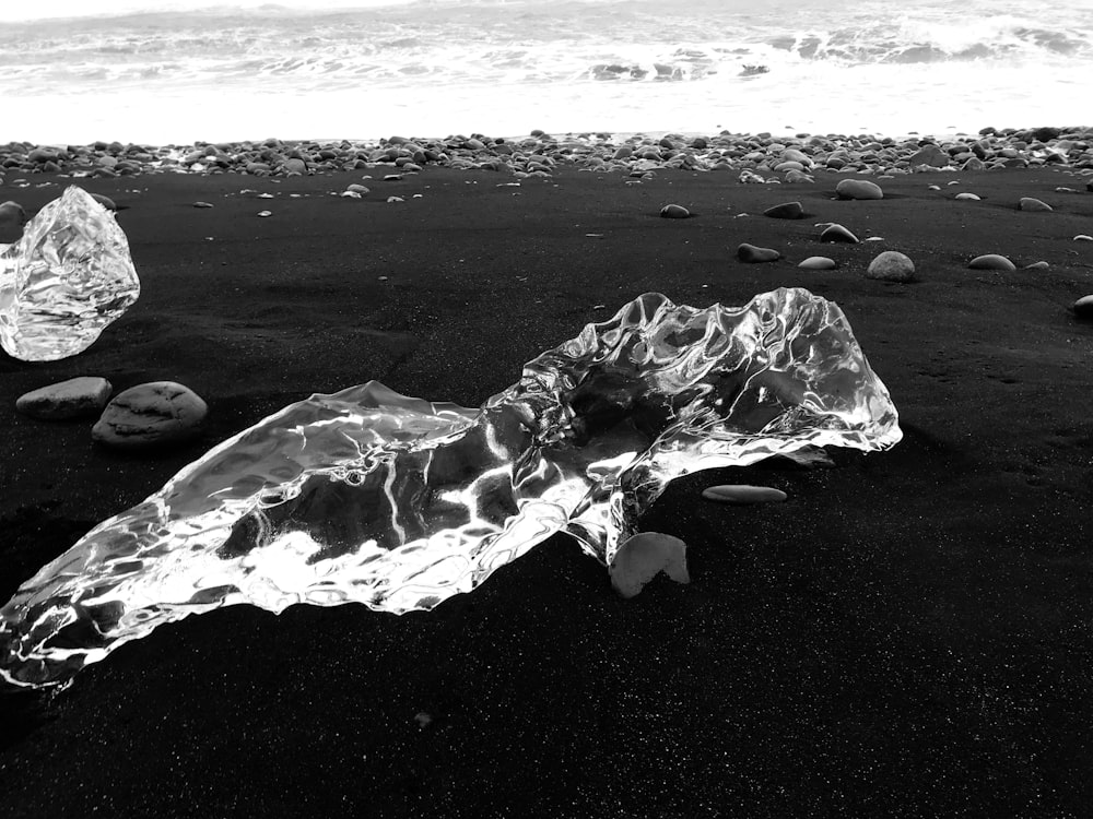 grayscale photo of ice on beach