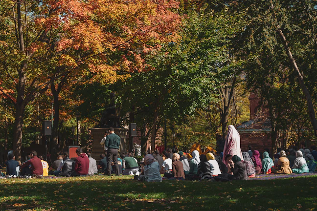 Peaceful outdoor gathering under trees with attendees engaged in mindful discussion.