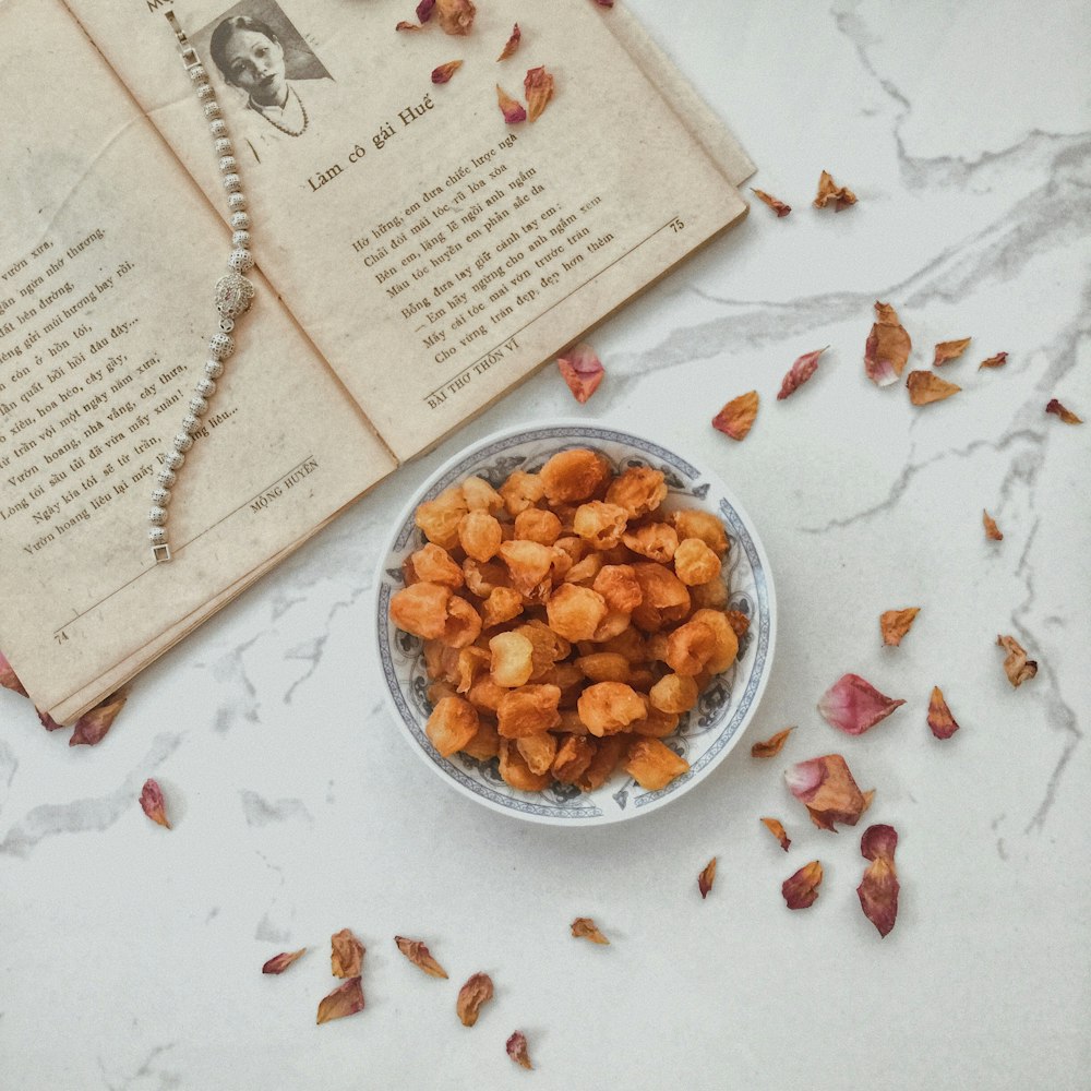 brown and white book page with orange round fruit on white table