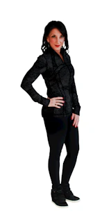 A model wearing a sleek black starstory hoodie, standing confidently against a dark navy urban backdrop.