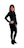 A stylish young woman wearing a sleek black zoric jacket against a minimalist white background.