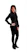 A stylish young woman wearing a sleek black zoric jacket against a minimalist white background.