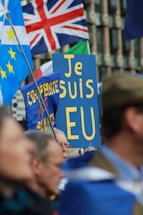 A group of people holding various flags, including the Union Jack and European flags. A prominent sign in the foreground reads 'Je suis EU', indicating a pro-European sentiment. The image appears to be taken at a rally or demonstration.