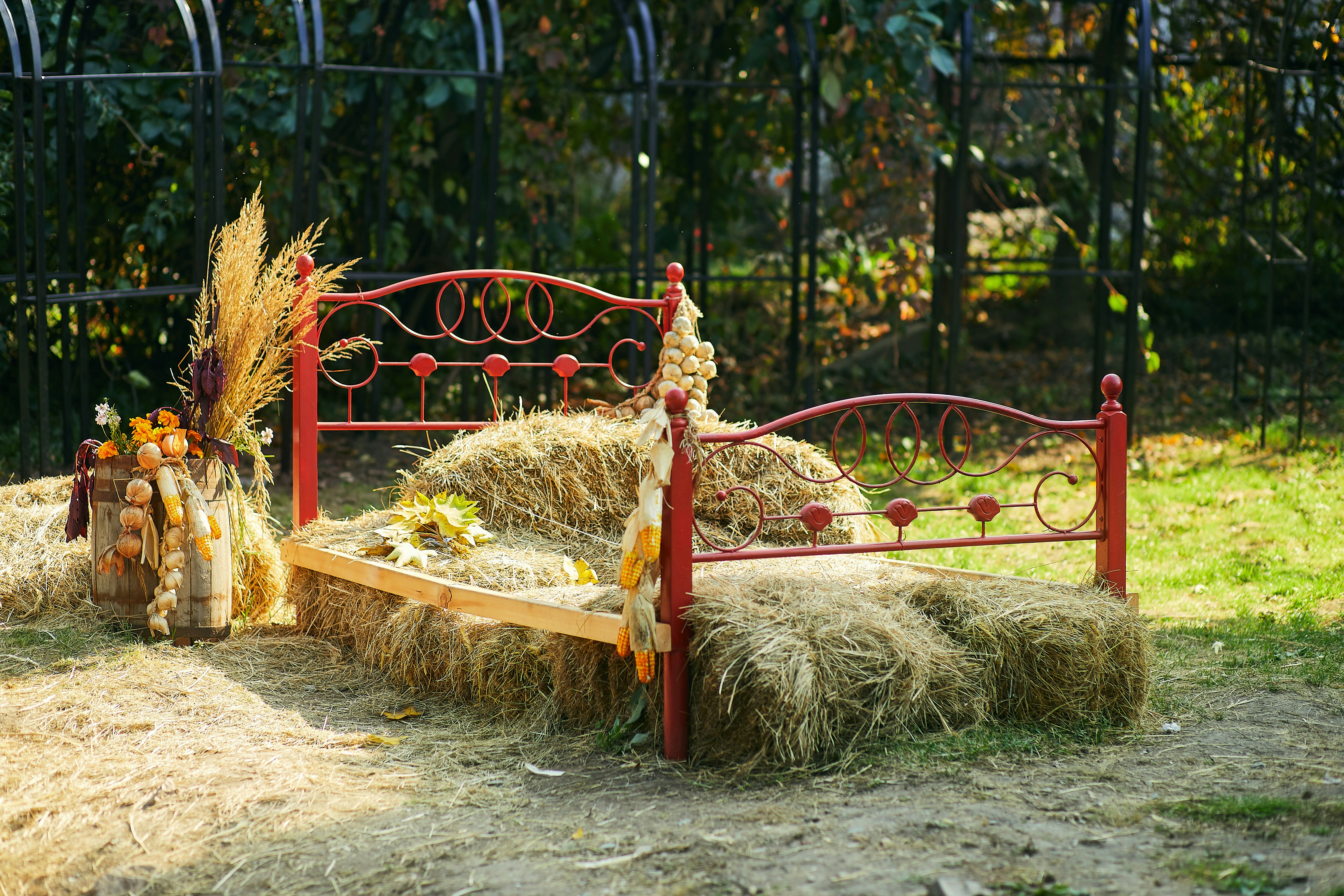 red wooden bench with brown hay