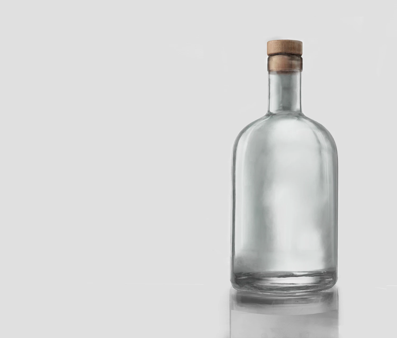 A tall clear bottle with a natural cork stopper against a pale grey wall