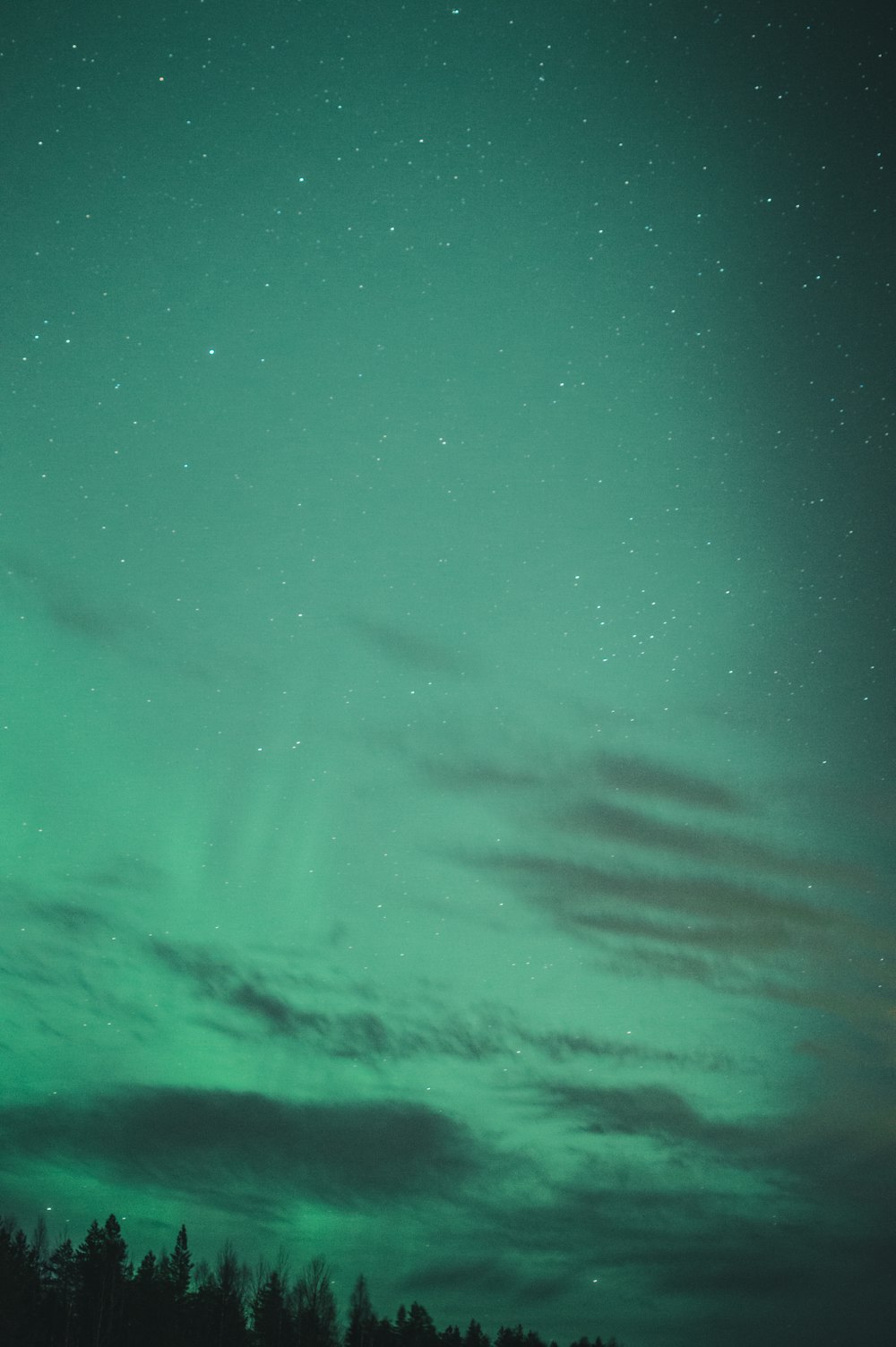 um céu verde cheio de estrelas e nuvens