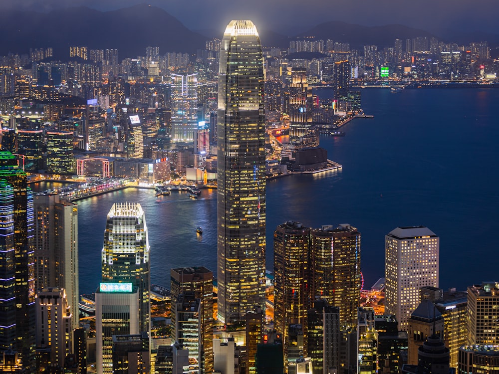 city skyline during night time