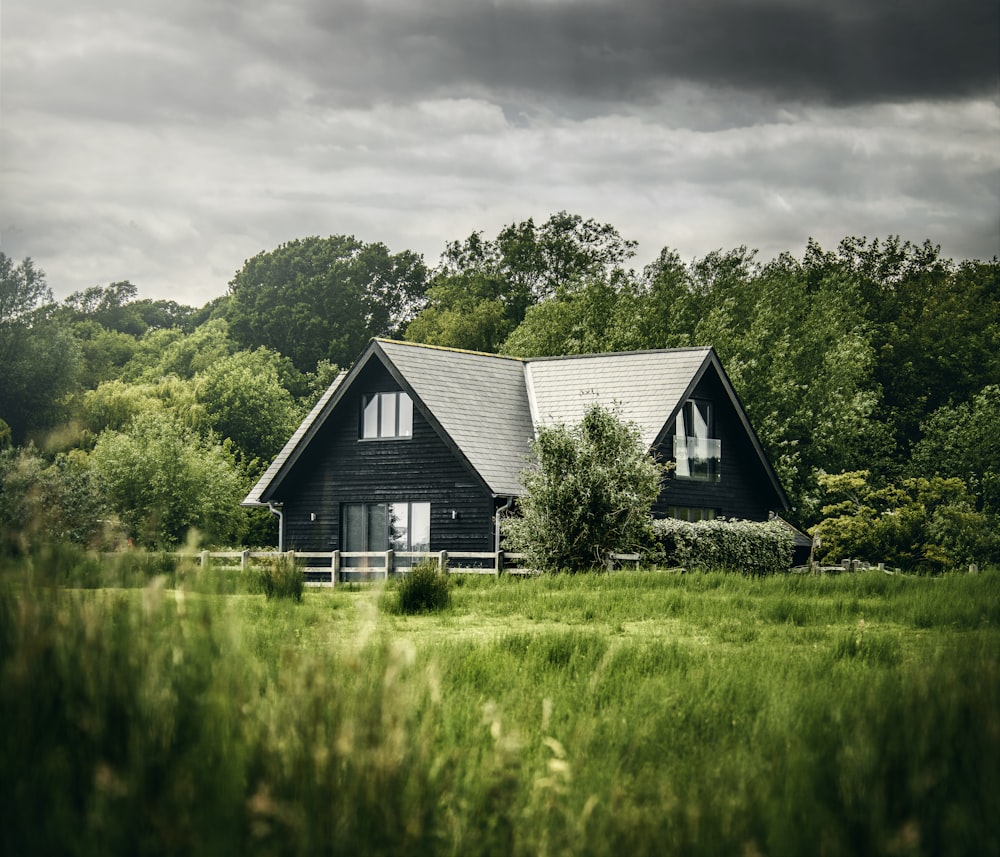 white and black house on green grass field near green trees under white clouds during daytime