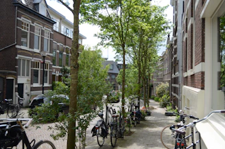 A welcoming neighborhood street with well-maintained apartments and smiling residents enjoying a sunny day.