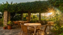 An outdoor terrace with stone pillars and a pergola covered in lush green vines. Sunlight streams through the leaves, casting a warm golden glow over the area. Several tables and wicker chairs are arranged on the stone patio. Potted plants add a touch of color and enhance the natural ambiance.