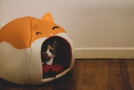 A cat is nestled inside a small, orange and white, cat-themed pet bed. The bed resembles a cartoonish animal with closed eyes and ears on top. It rests on a wooden floor against a neutral-colored wall.