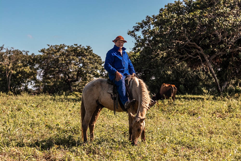 man in blue shirt riding on brown horse during daytime