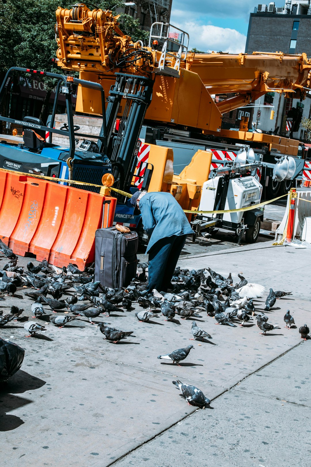 man in blue denim jeans and orange jacket standing near black and white pigeons during daytime