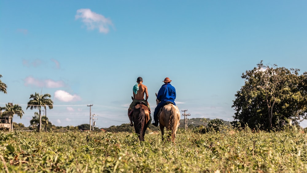 2 men riding horse on green grass field during daytime