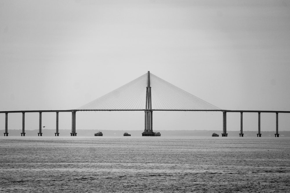 Foto en escala de grises de un puente sobre un cuerpo de agua