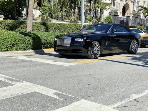 Luxurious black Mercedes-Benz S-Class parked on a sunlit Riviera street with palm trees.