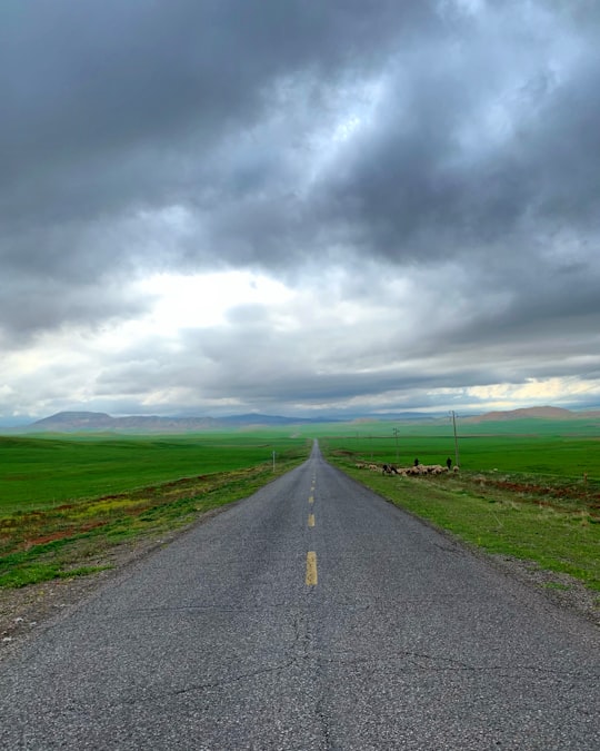 gray asphalt road between green grass field under gray cloudy sky during daytime in West Azarbaijan Iran