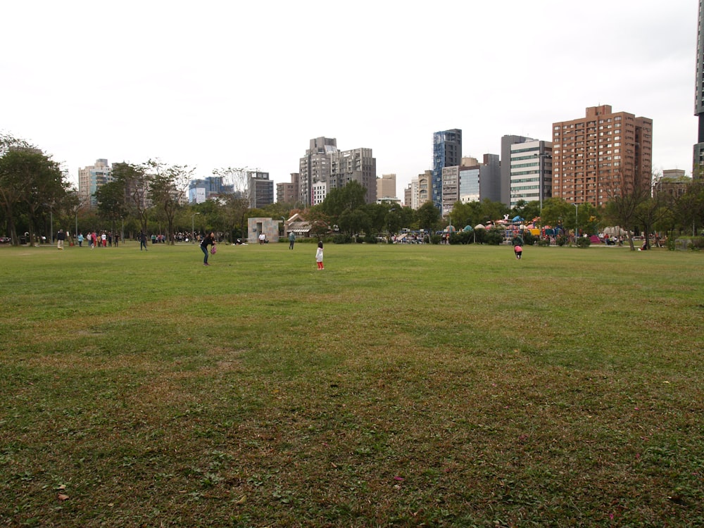 people walking on green grass field near city buildings during daytime