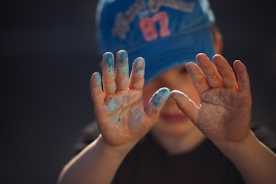 person in blue and white shirt covering face with hands childhood google meet background