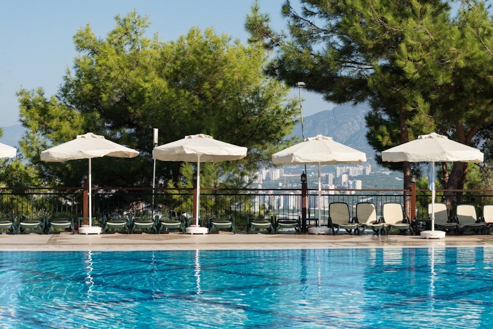 white and brown patio umbrella near swimming pool during daytime