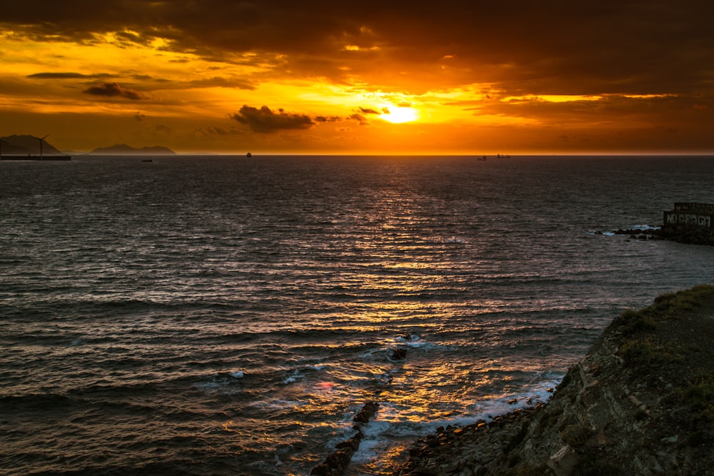 body of water during sunset