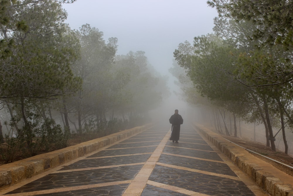 person in black jacket walking on wooden pathway during foggy weather
