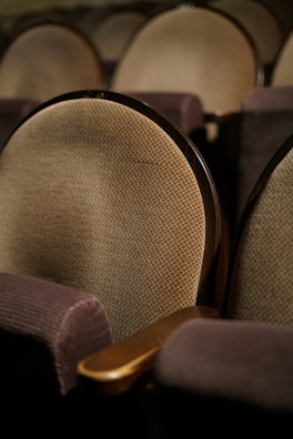 Close-up of finely crafted wooden auditorium seating with plush cushions.