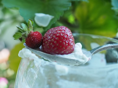 Close-up of ripe strawberries topped with a swirl of fresh cream in a delicate cup.