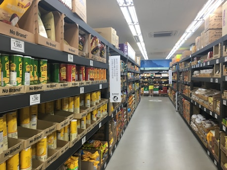 A supermarket aisle is filled with shelves stocked with various products in cardboard packaging. The shelves are labeled 'No Brand' and prices are displayed in a foreign currency. The products include cans and boxes, with some signage in a non-English language. Fluorescent lights illuminate the aisle, and a person can be seen in the distance.