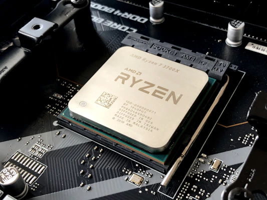 Close-up of CPU processor chip on motherboard, bitwise operations performance comparison