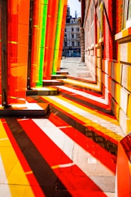 A vibrant urban scene showcasing dynamic light and shadow play.