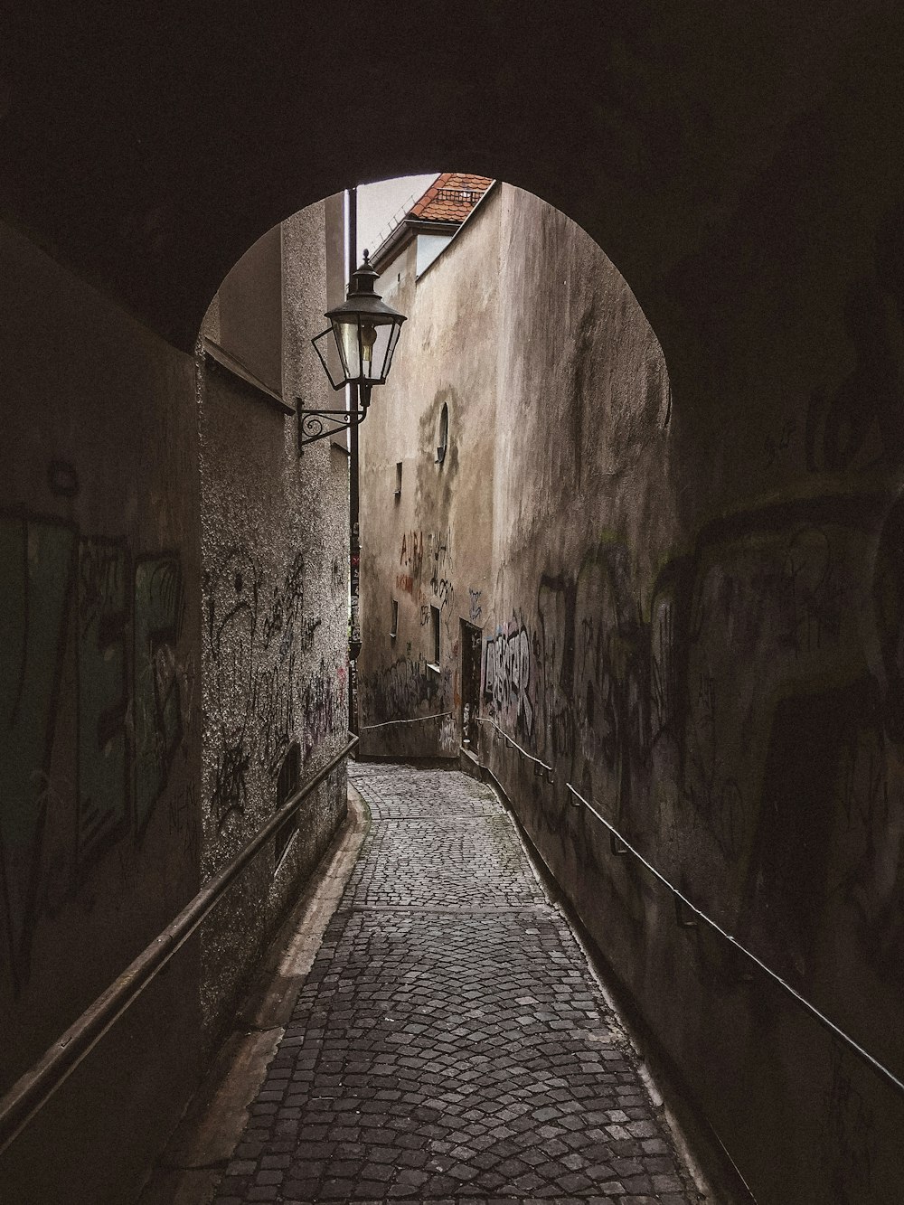 empty hallway with brick wall