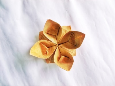 A delicate origami flower crafted from brown paper with five petals, each folded intricately to form a symmetrical pattern. The flower is placed on a plain, textured white surface, creating a simple and elegant contrast.