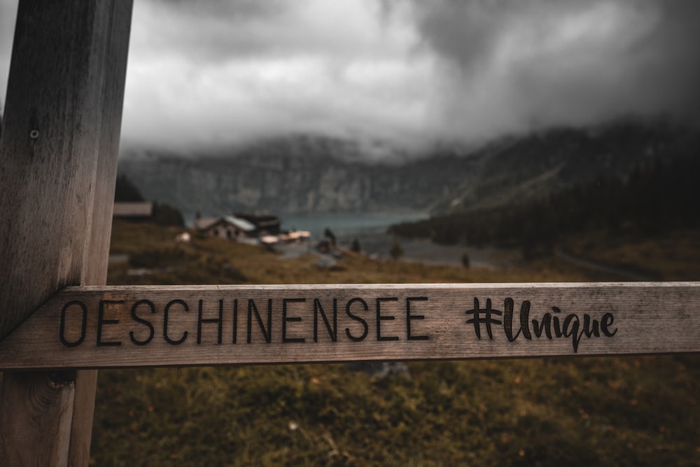 brown wooden signage on green grass field near body of water under white clouds during daytime