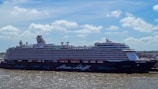 A large cruise ship is docked near a port under a partly cloudy sky. The vessel has multiple decks with rows of windows and lifeboats visible on the sides. The water is slightly choppy, and there are faint outlines of buildings on the horizon.