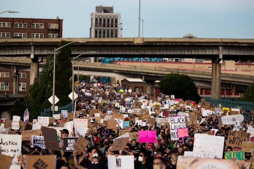 A large crowd of people gathers in a protest, holding signs with slogans related to social justice and equality. The scene takes place on a street with overpasses and buildings in the background. The signs have messages like 'Black Lives Matter' and 'Justice'.