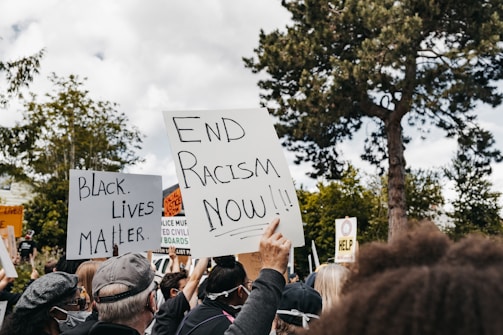 A diverse group of people participating in a protest with signs advocating against racism, surrounded by trees under a cloudy sky. Prominent signs include messages like Black Lives Matter and End Racism Now.
