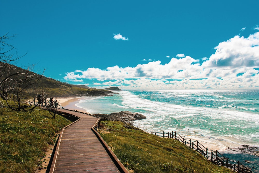 Camino de madera marrón cerca del mar bajo el cielo azul durante el día