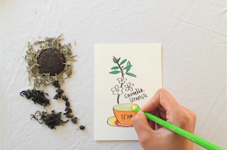 Handmade greeting cards, DIY arts and crafts, person holding green pen and white printer paper.