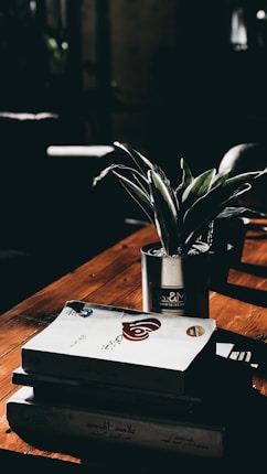 A stack of books rests on a wooden table, accompanied by a potted plant with green leaves. The scene is illuminated by soft light, casting shadows and creating a warm, cozy atmosphere. The books have Arabic text on their covers, and the plant is in a metallic pot.