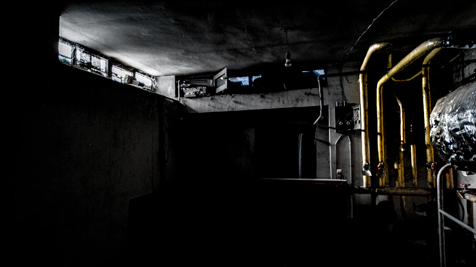 A dimly lit, rusty underground printing press surrounded by swirling smoke and faint amber light.