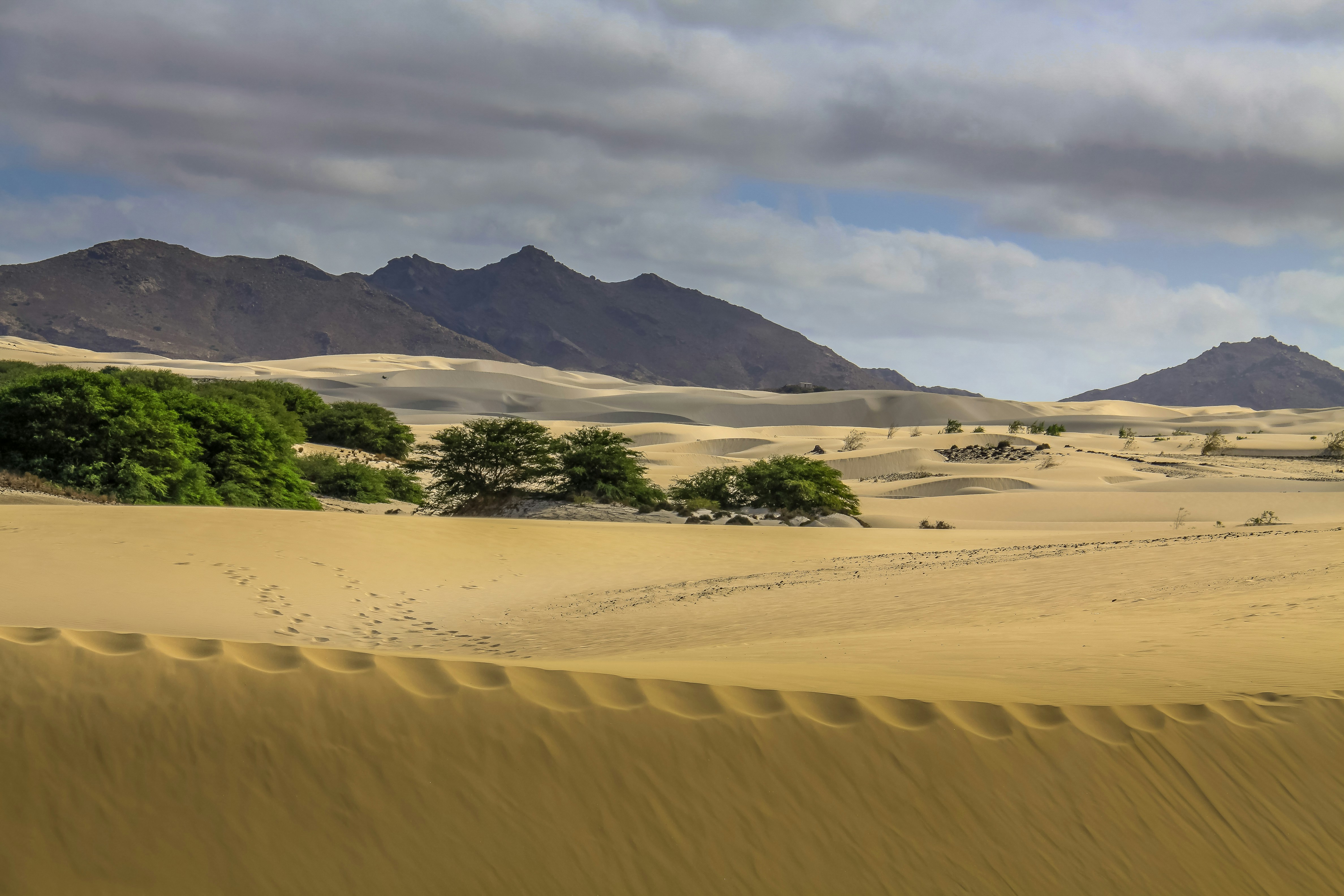 brown sand and green grass field near mountain under white clouds and blue sky during daytime